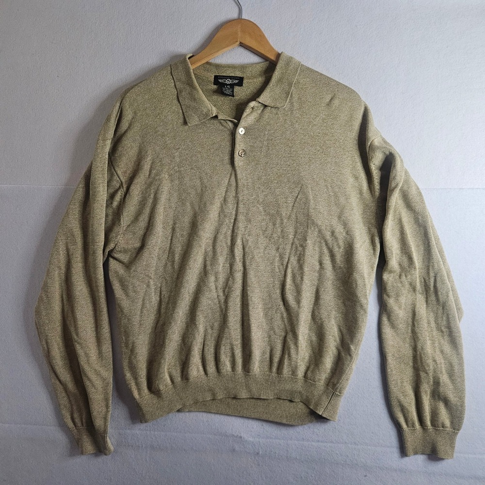 Straight Down Mens Silk Cotton Blend Long Sleeve Polo Sweater Tan Marl Large